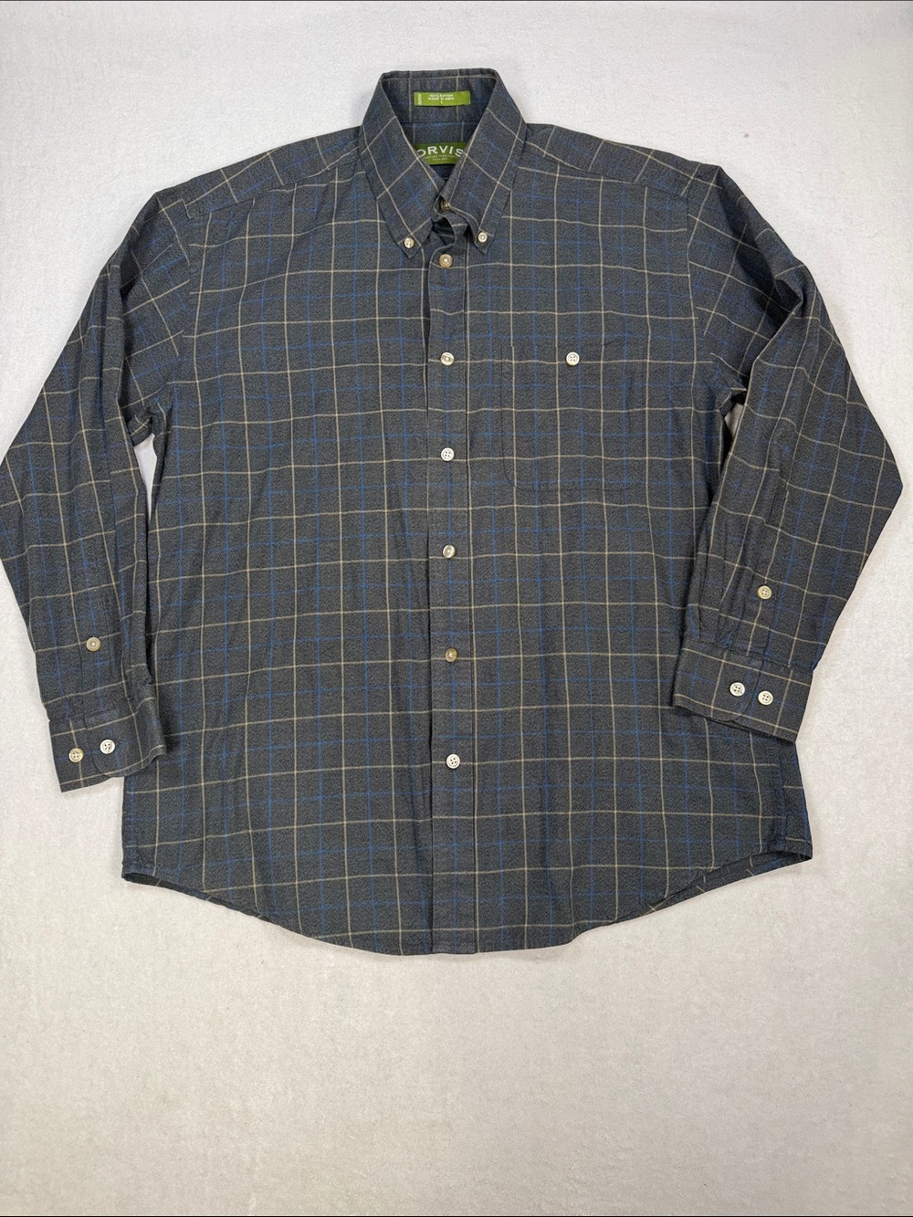 Orvis Men's Navy and Gray Plaid Button-Down Shirt